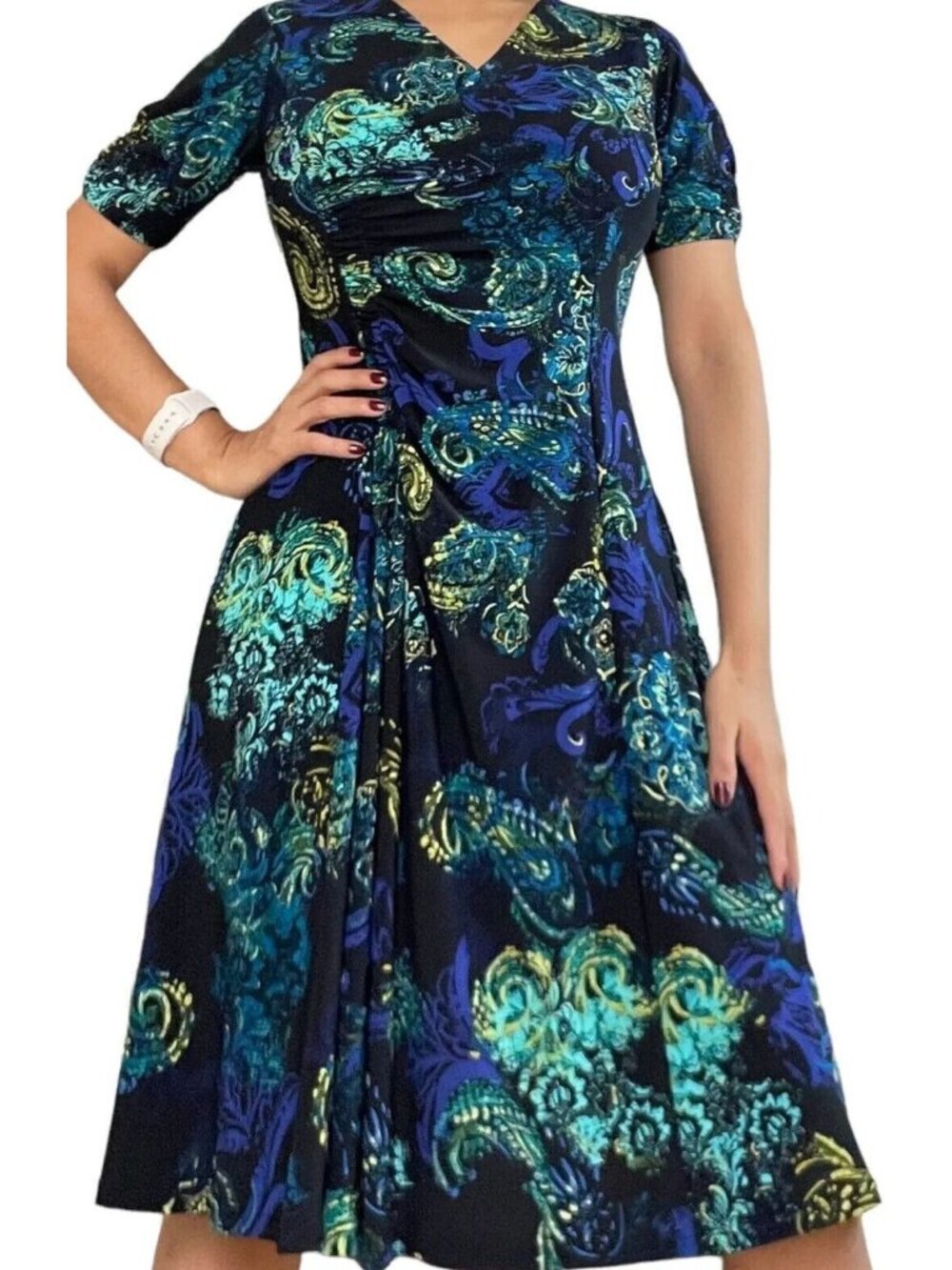 Evan Picone A-Line Dress Sz 6 Petit Green Black Knee Length V-Neck Short Sleeves